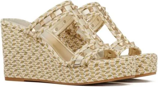 Valentino Garavani Rockstud 90mm Hand-Woven Wedge Sandals in Neutrals