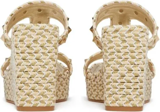 Valentino Garavani Rockstud 90mm Hand-Woven Wedge Sandals in Neutrals