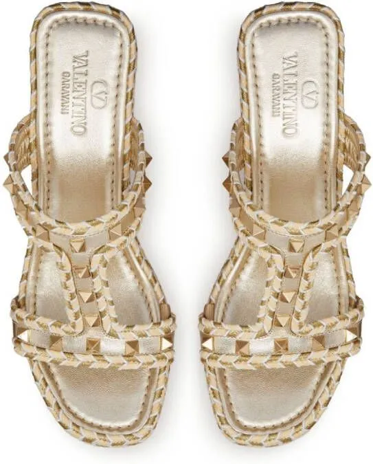 Valentino Garavani Rockstud 90mm Hand-Woven Wedge Sandals in Neutrals