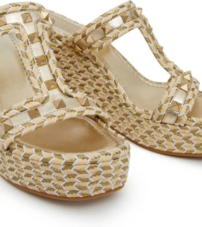 Valentino Garavani Rockstud 90mm Hand-Woven Wedge Sandals in Neutrals