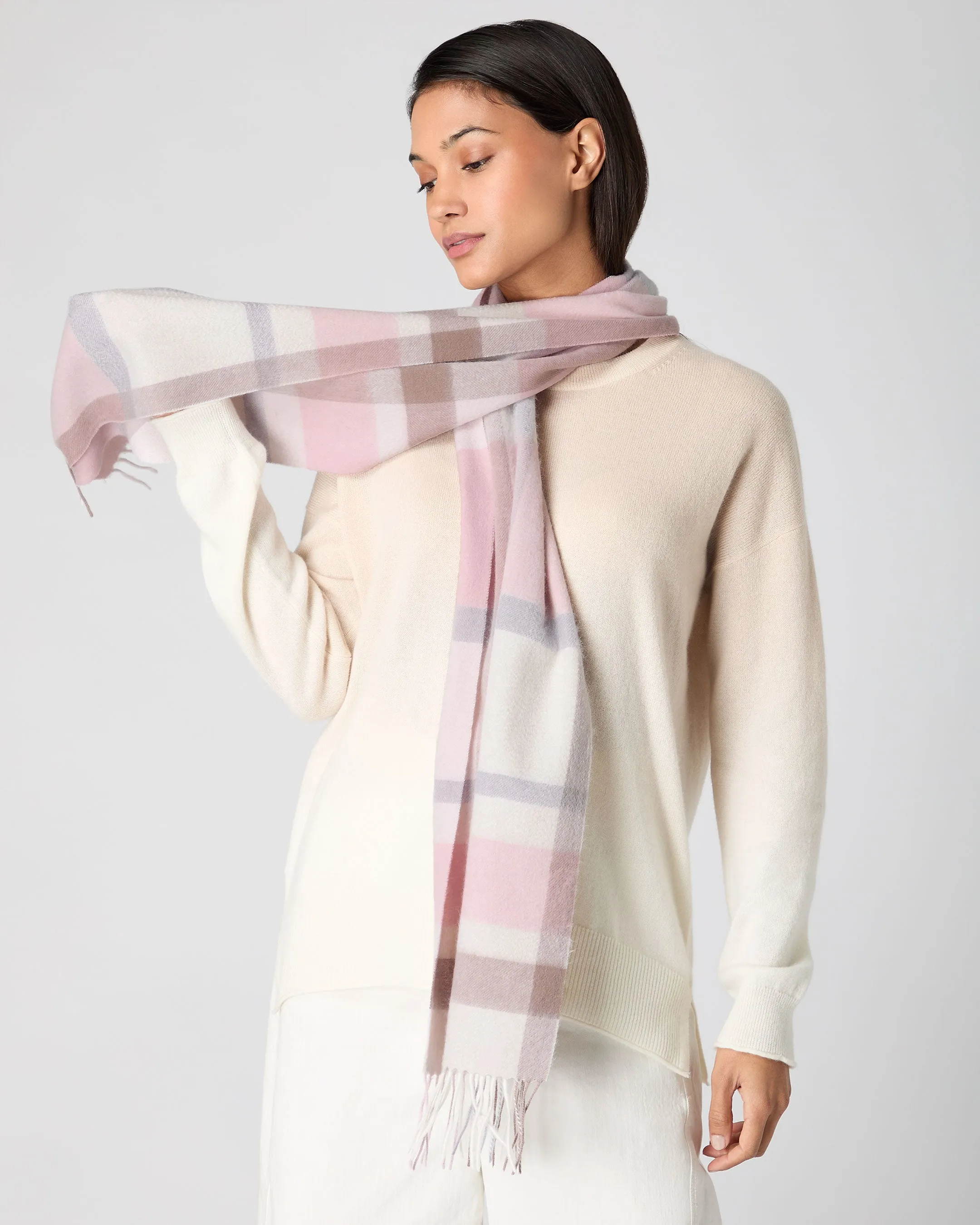 Pink + Grey Cashmere Plaid Scarf for Women