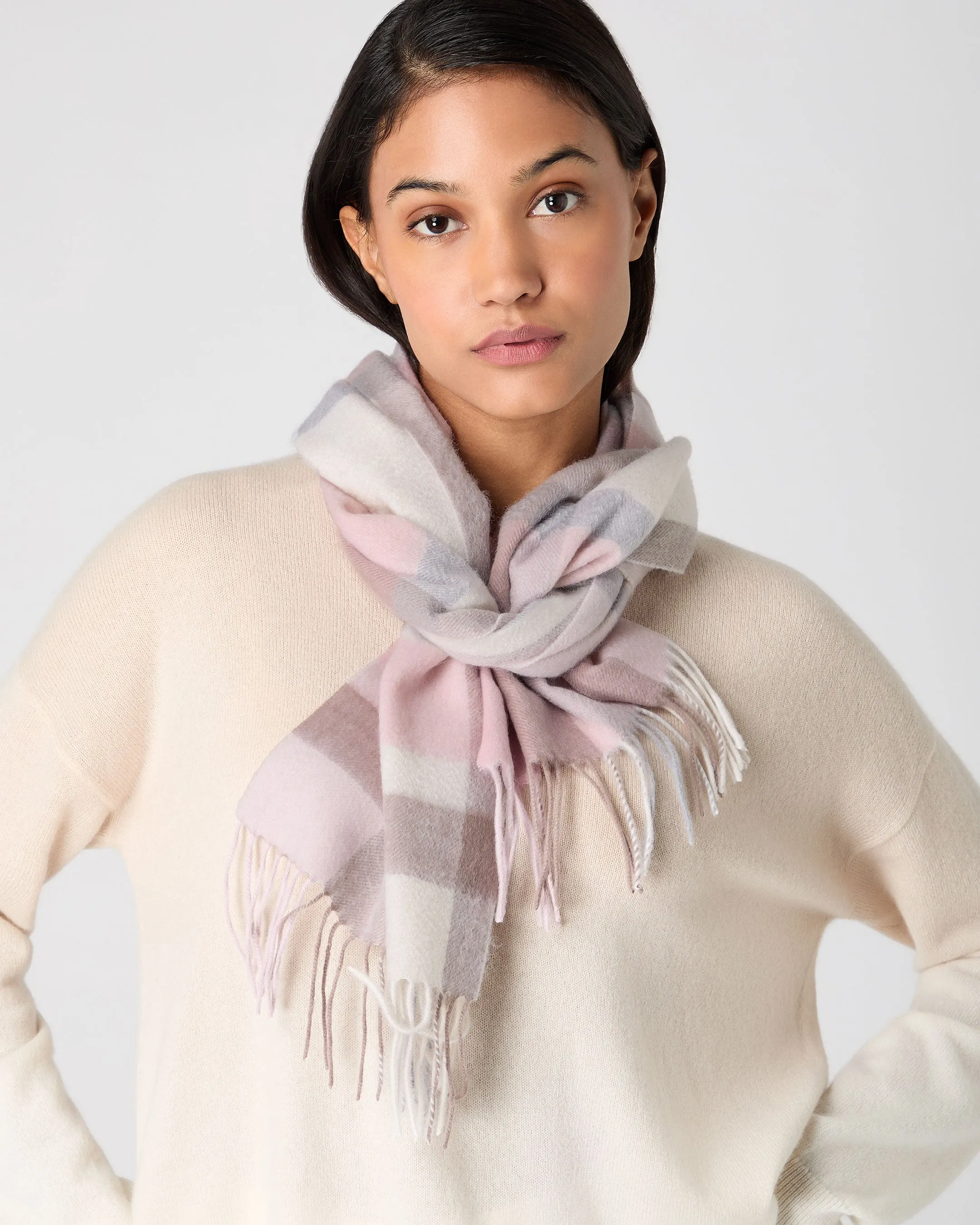 Pink + Grey Cashmere Plaid Scarf for Women