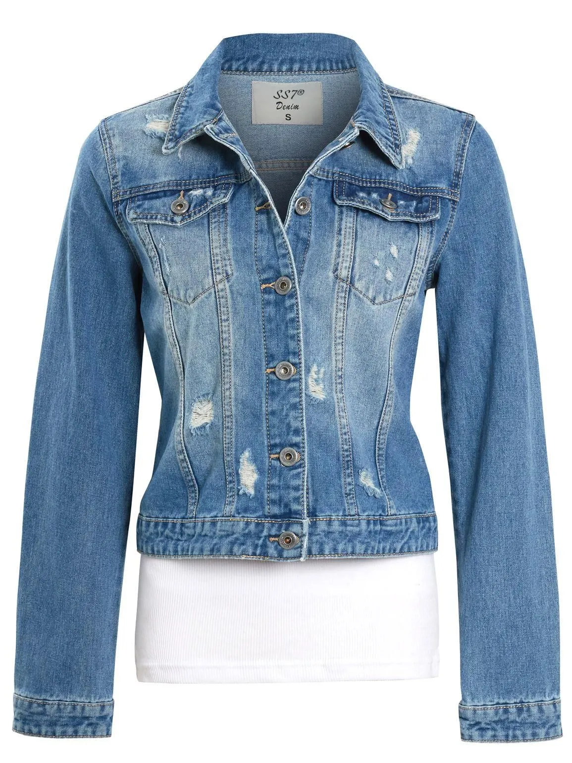 Women's Distressed Denim Jacket in Denim Blue UK Sizes 8 to 16