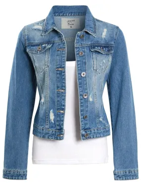 Women's Distressed Denim Jacket in Denim Blue UK Sizes 8 to 16