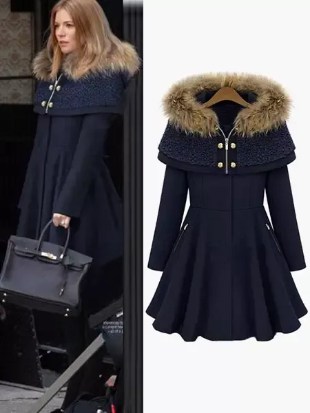 Women's Hooded Cloak Winter Coat with Faux Fur Poncho Style Outerwear