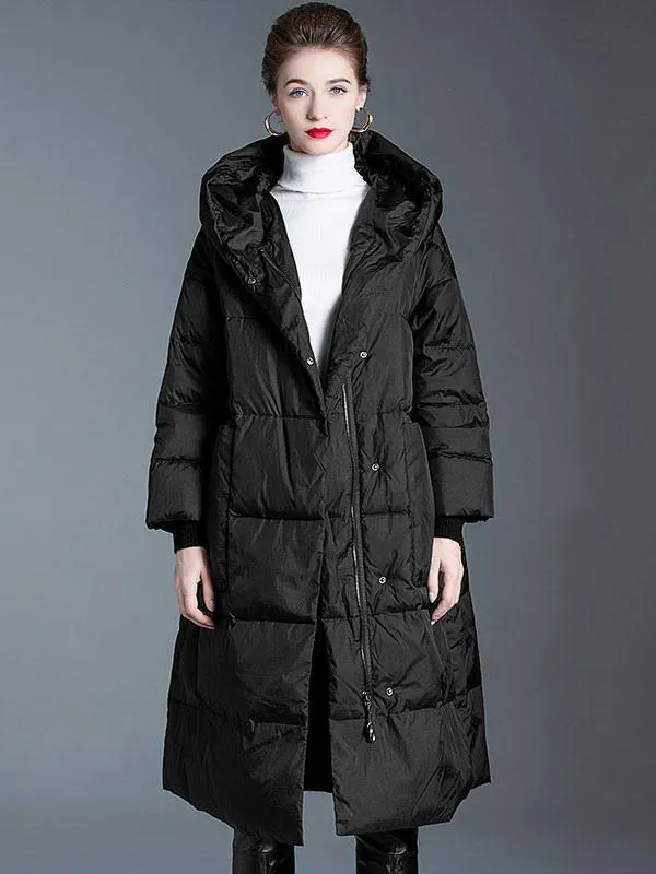 Women's Long Black Puffer Winter Coat with Hood