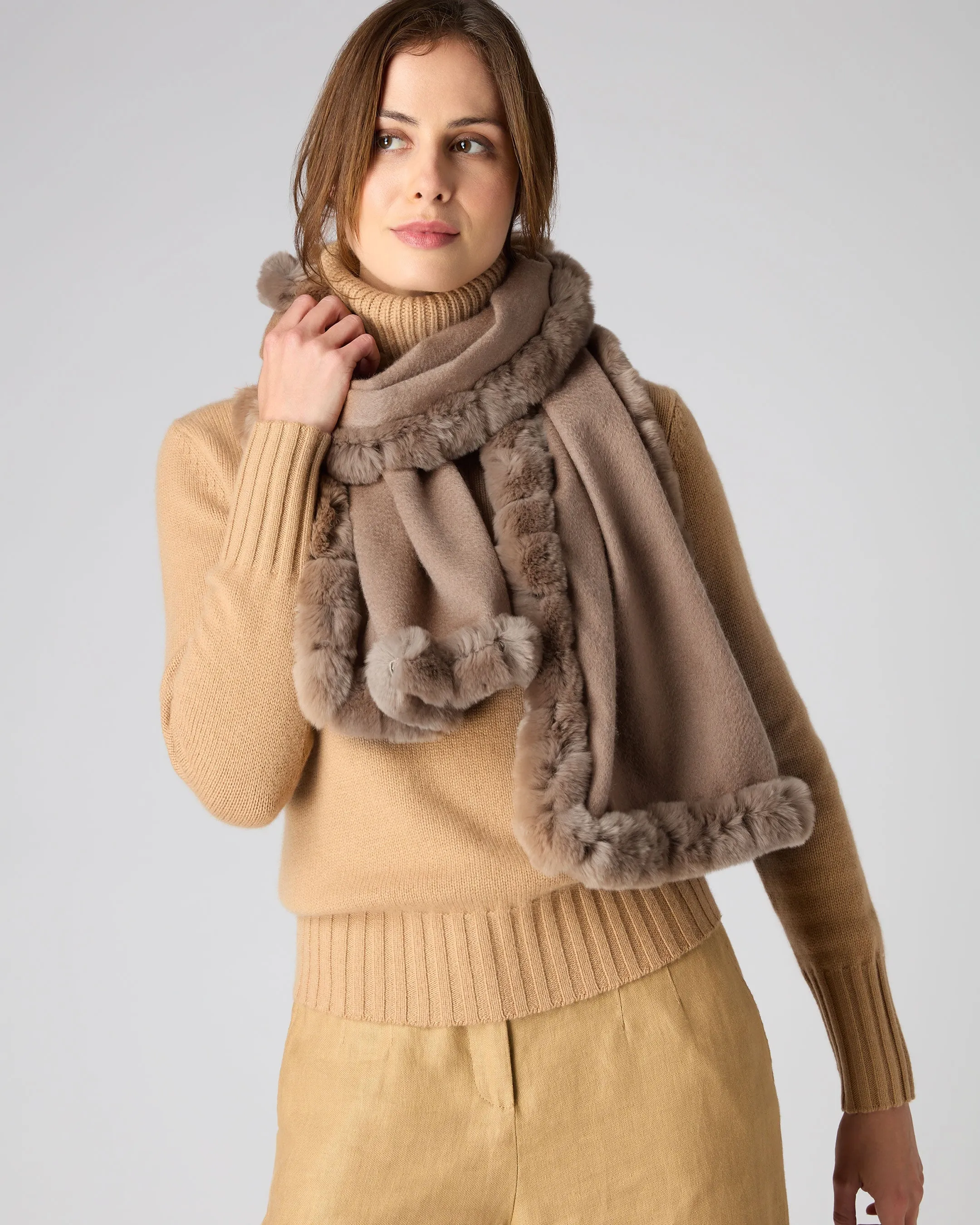 Meribel Woven Scarf with Fur Trim - Dark Tan Brown Women's