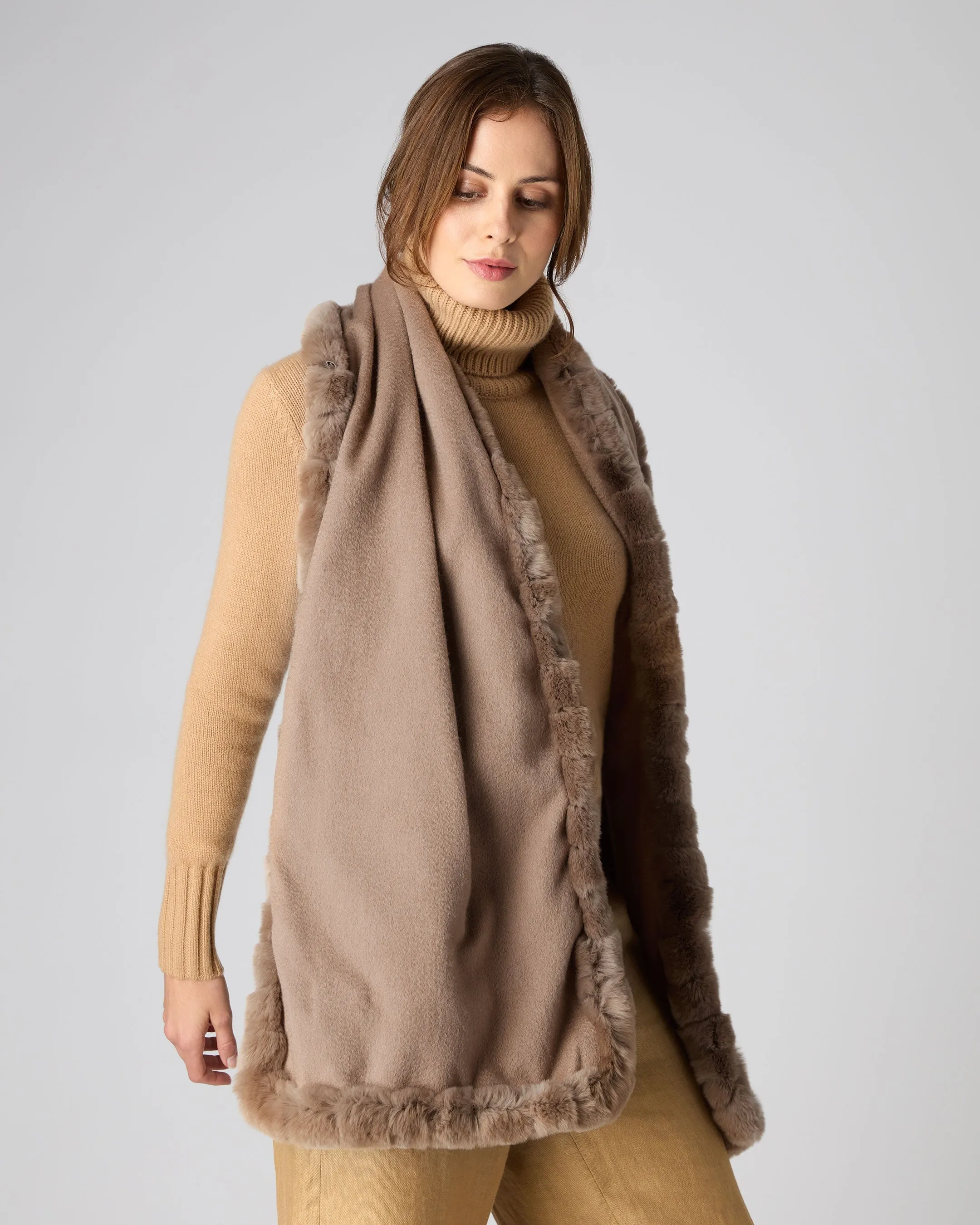 Meribel Woven Scarf with Fur Trim - Dark Tan Brown Women's