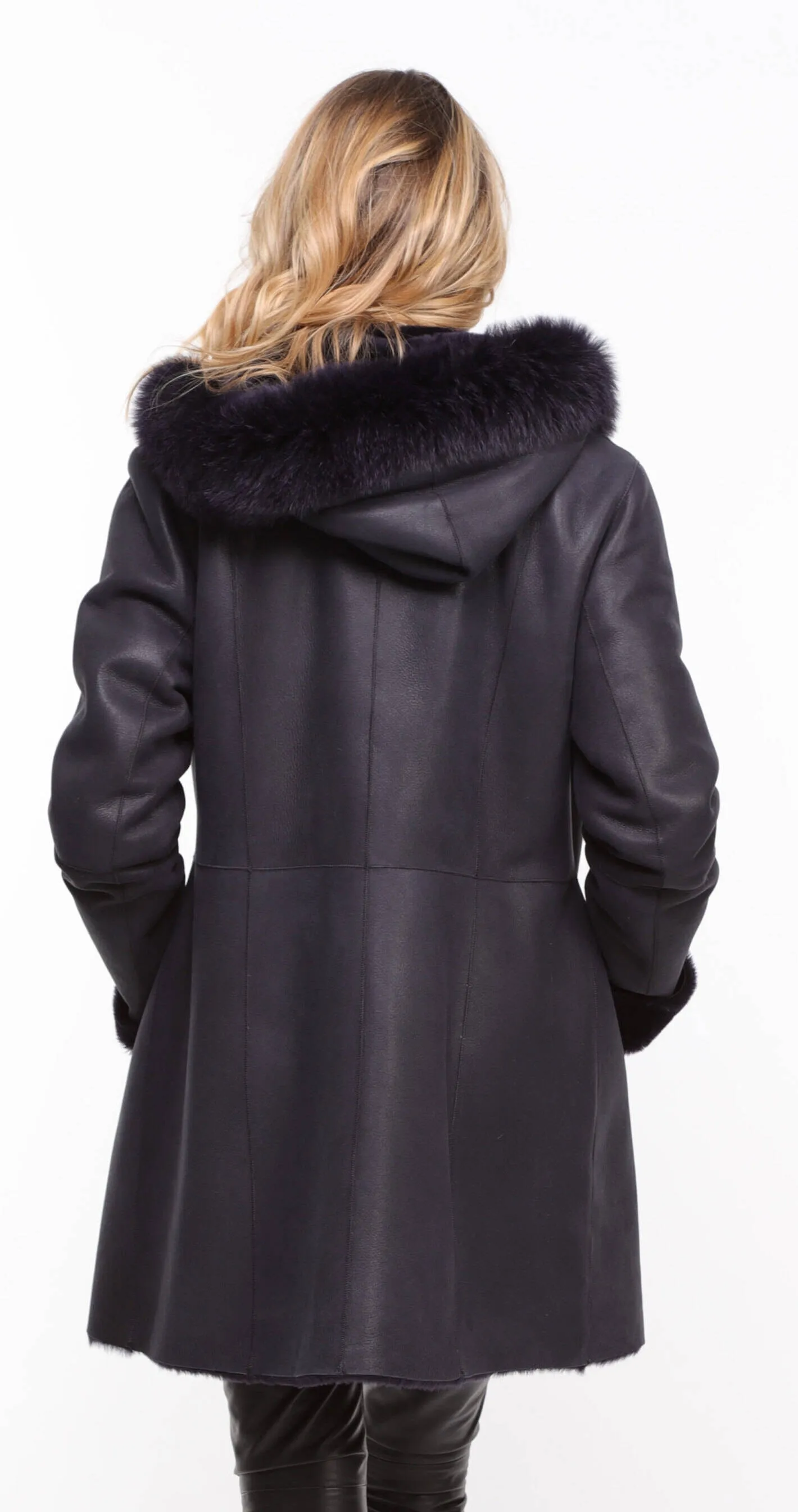 Women's navy sheepskin coat with hood - Aurelia style