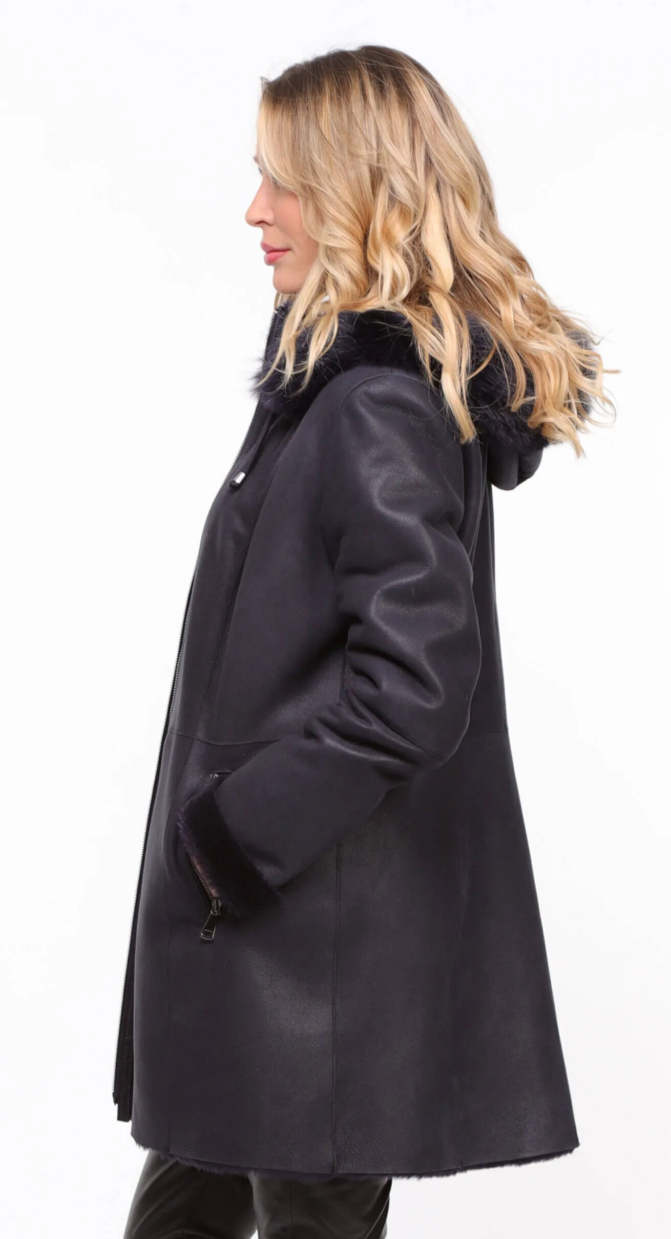 Women's navy sheepskin coat with hood - Aurelia style