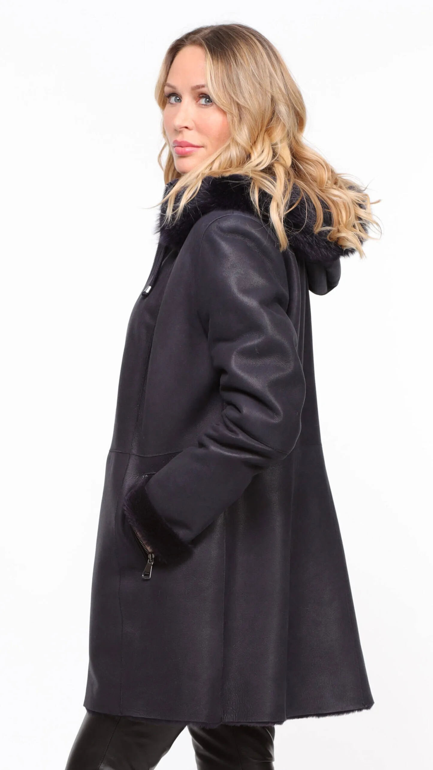 Women's navy sheepskin coat with hood - Aurelia style