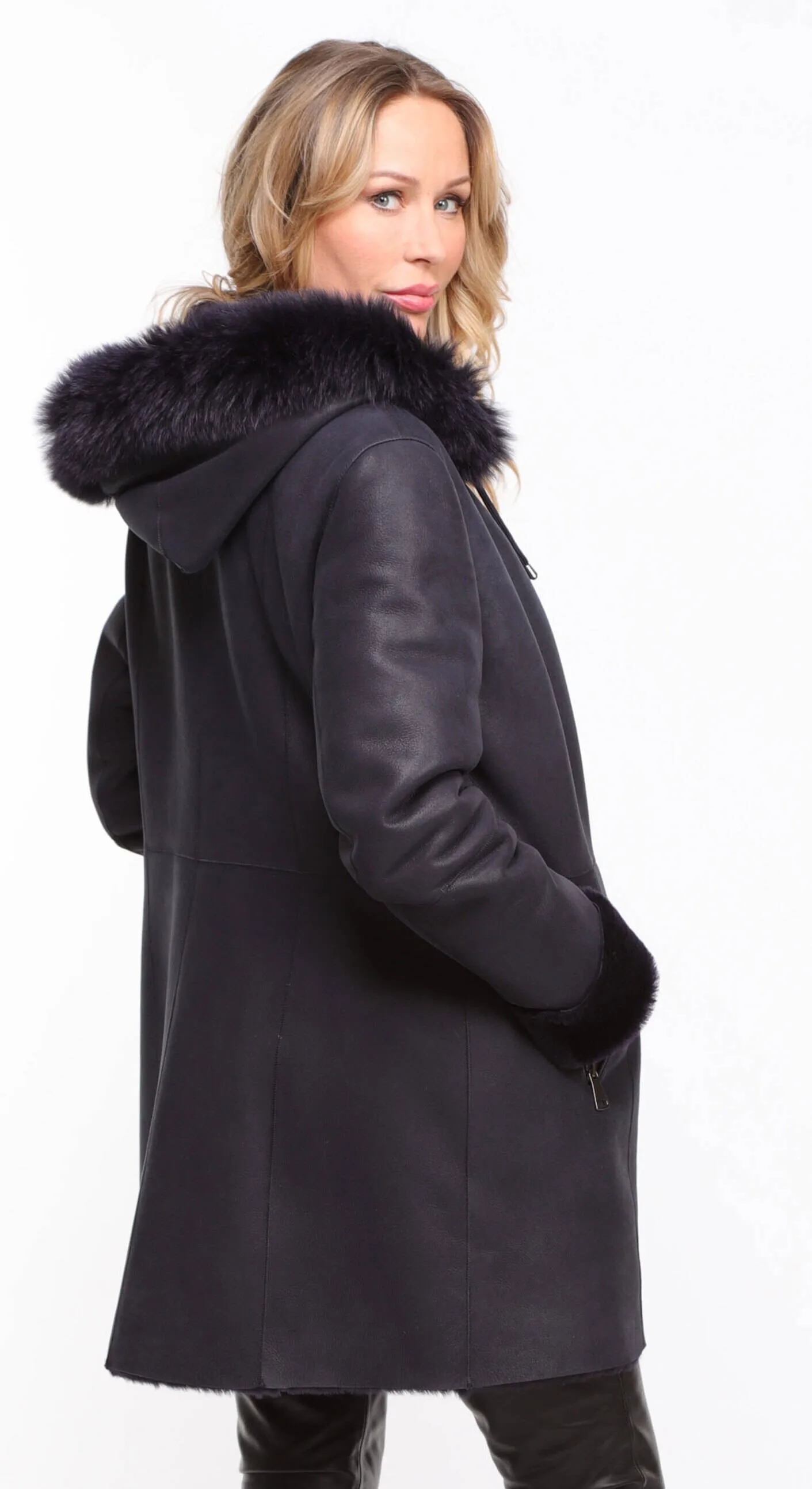 Women's navy sheepskin coat with hood - Aurelia style