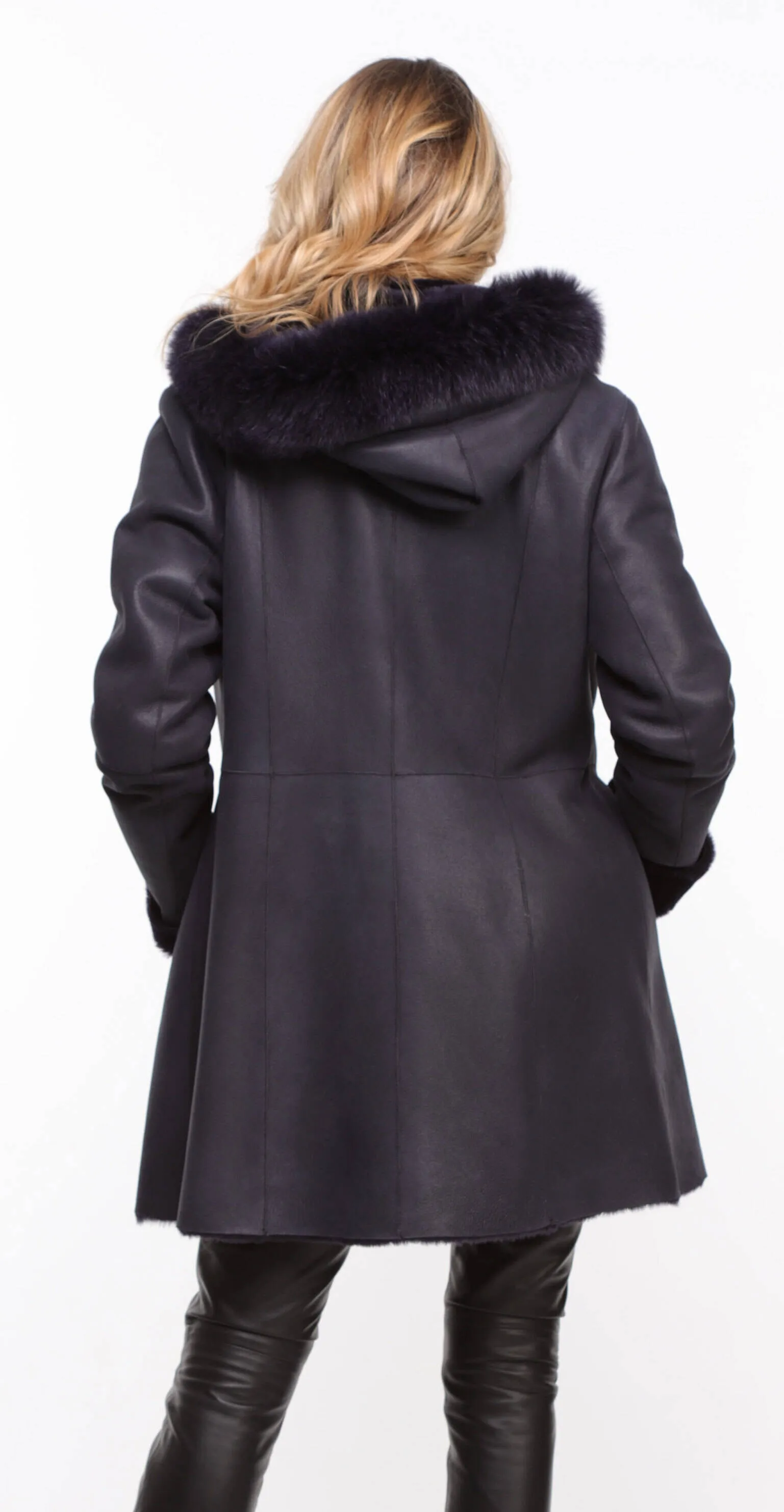 Women's navy sheepskin coat with hood - Aurelia style