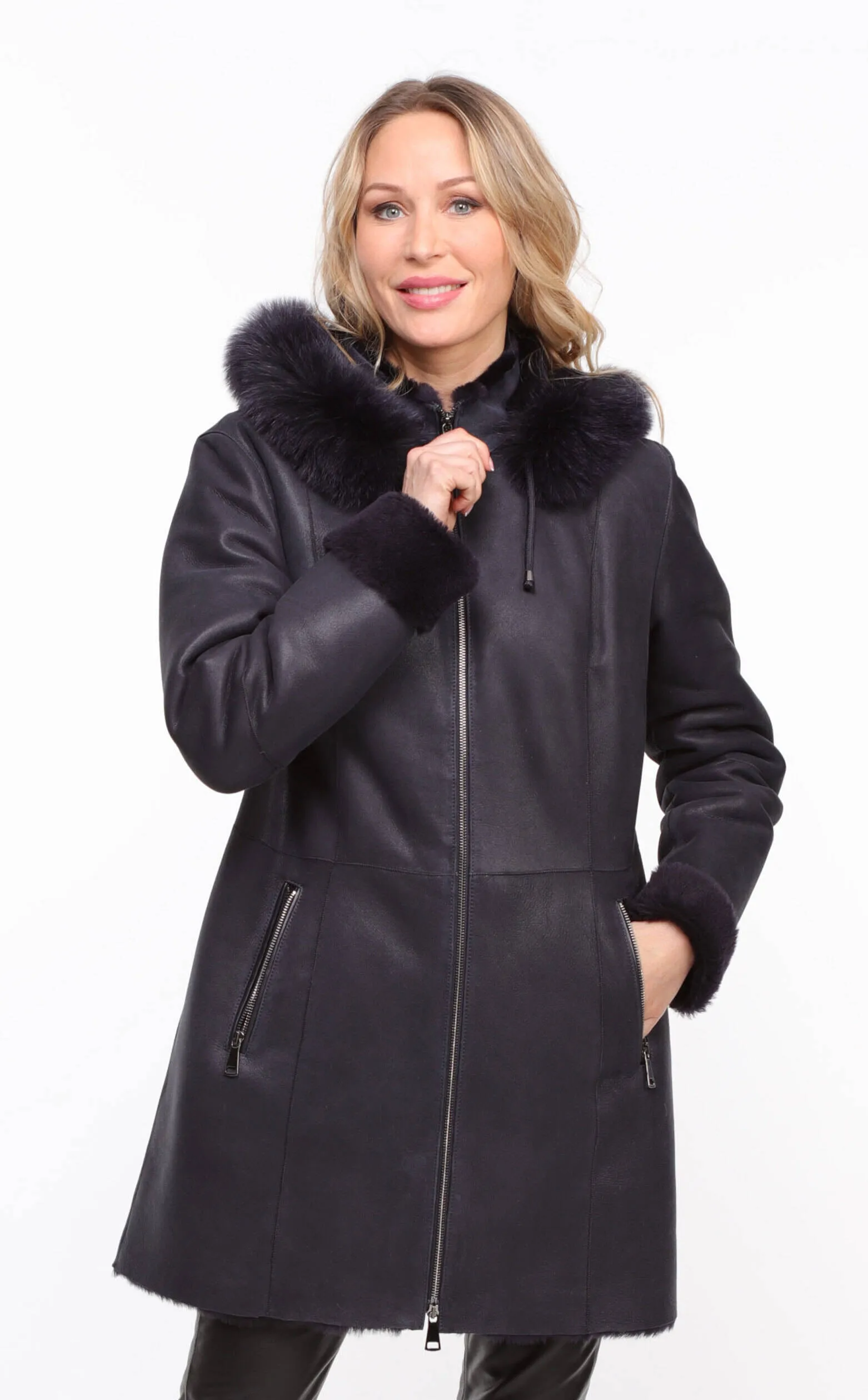 Women's navy sheepskin coat with hood - Aurelia style