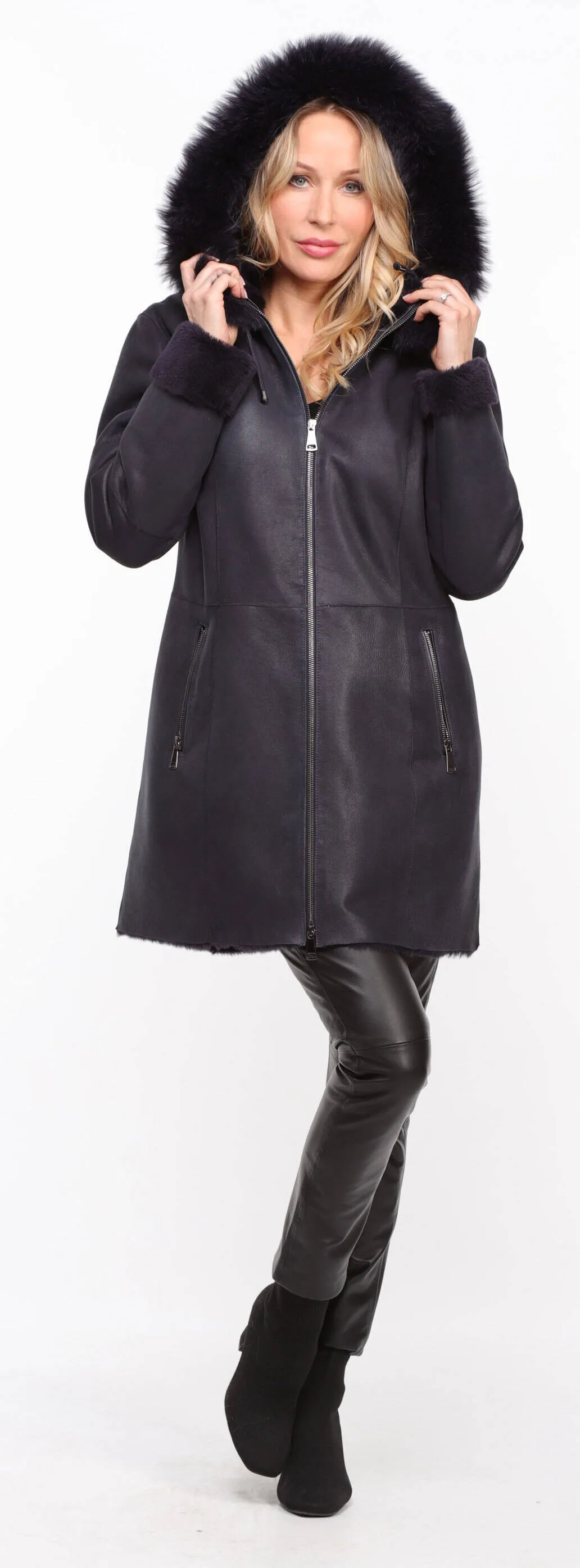 Women's navy sheepskin coat with hood - Aurelia style