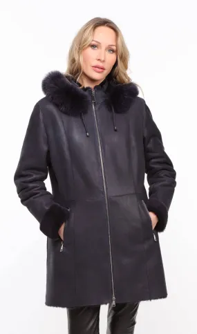 Women's navy sheepskin coat with hood - Aurelia style