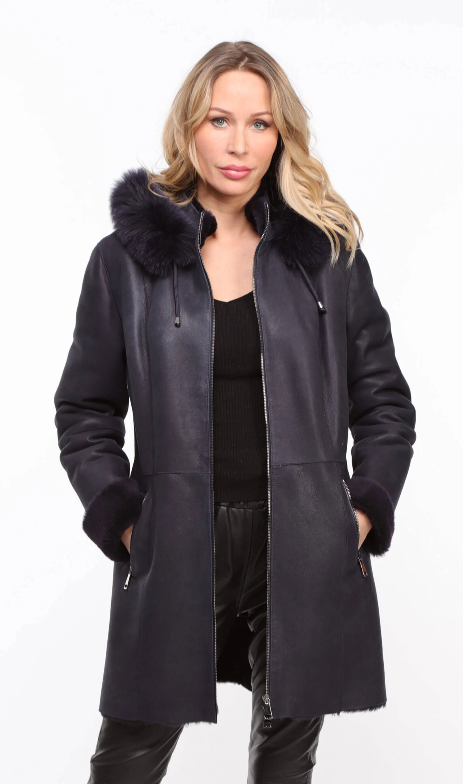 Women's navy sheepskin coat with hood - Aurelia style