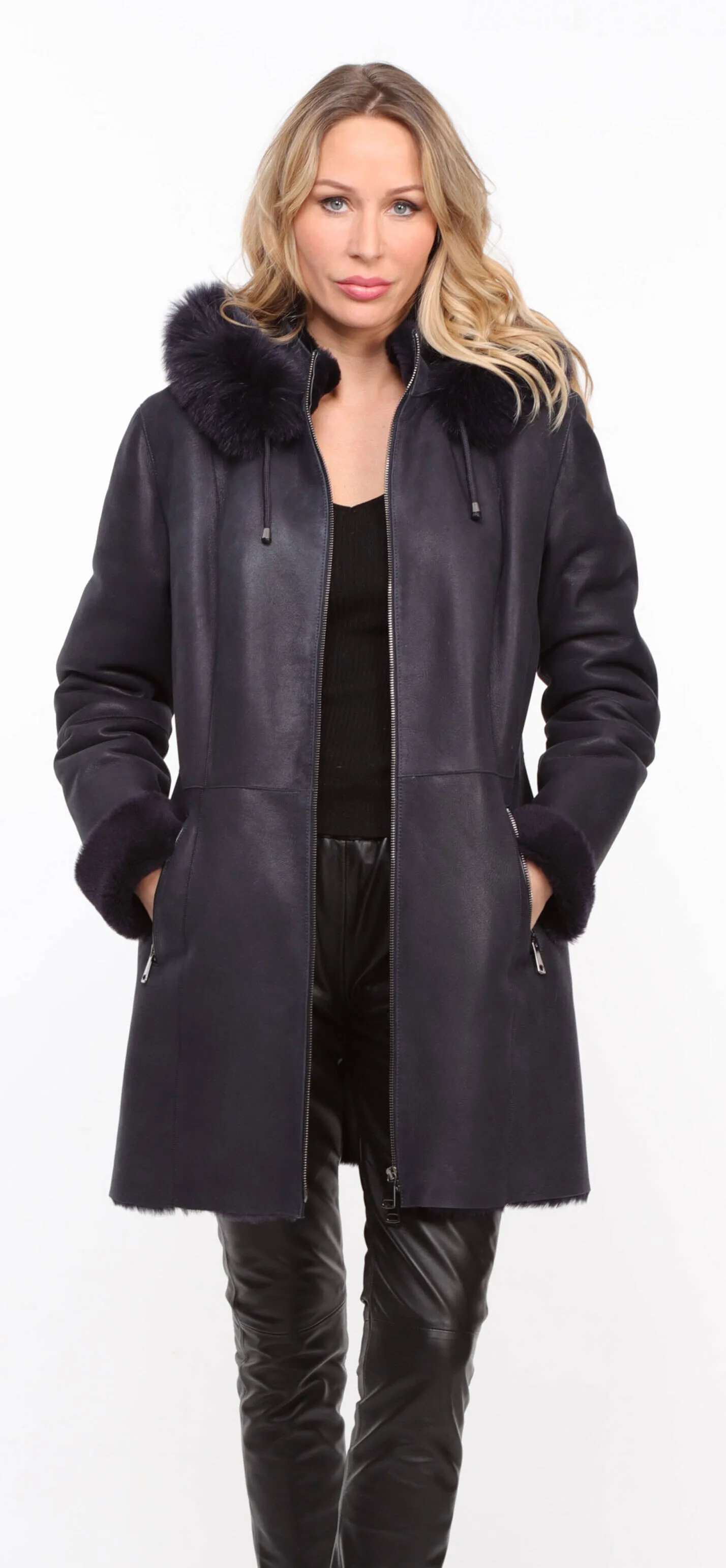 Women's navy sheepskin coat with hood - Aurelia style