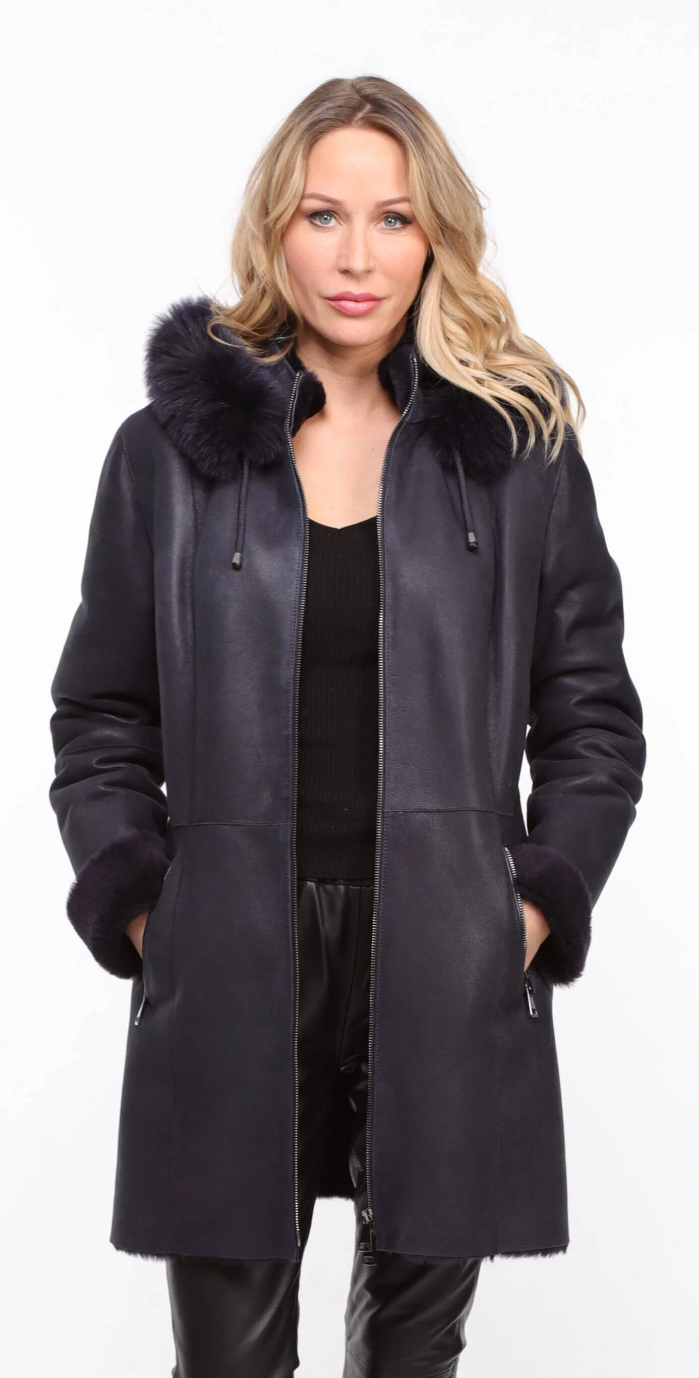 Women's navy sheepskin coat with hood - Aurelia style