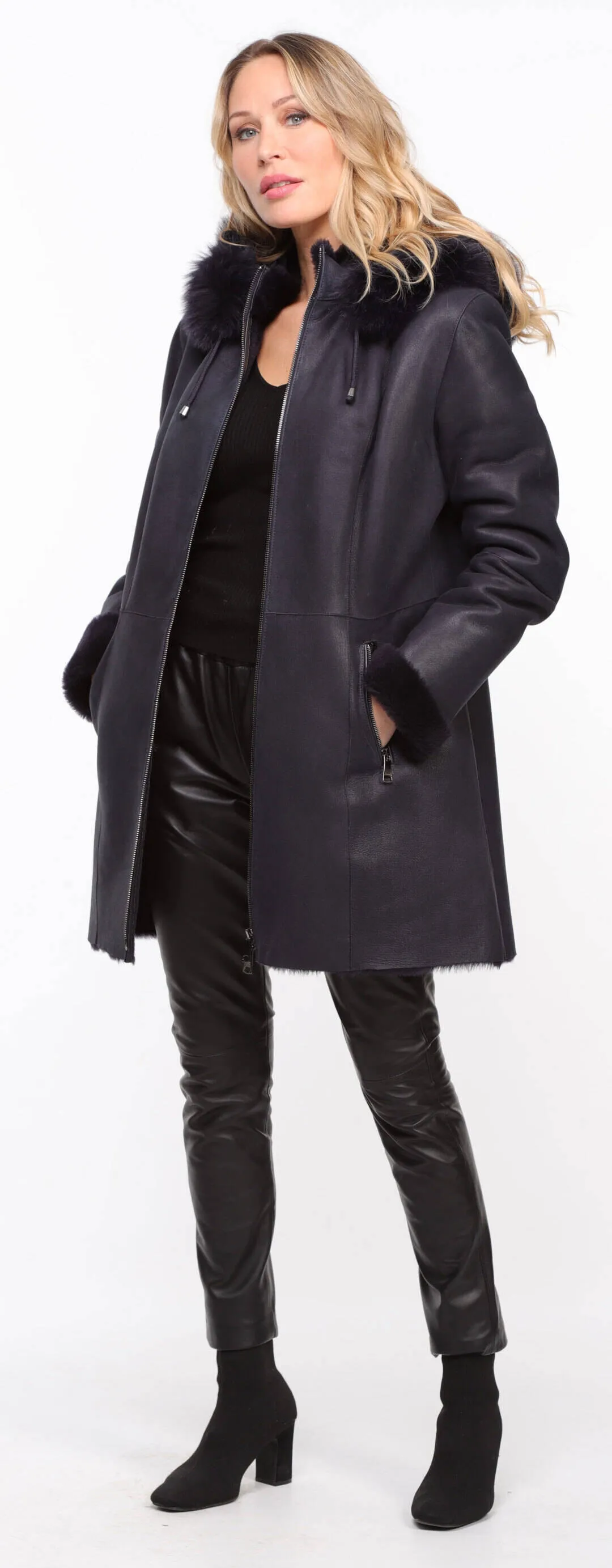 Women's navy sheepskin coat with hood - Aurelia style