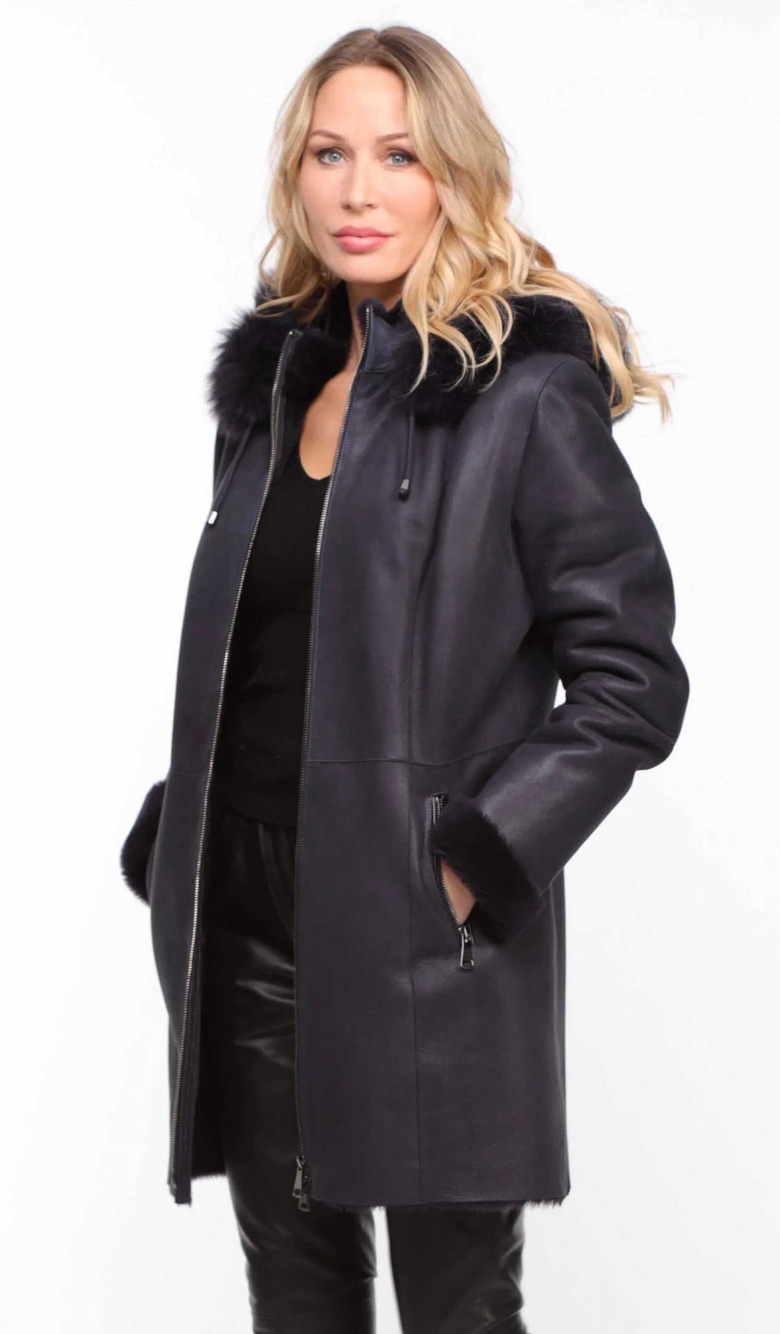 Women's navy sheepskin coat with hood - Aurelia style