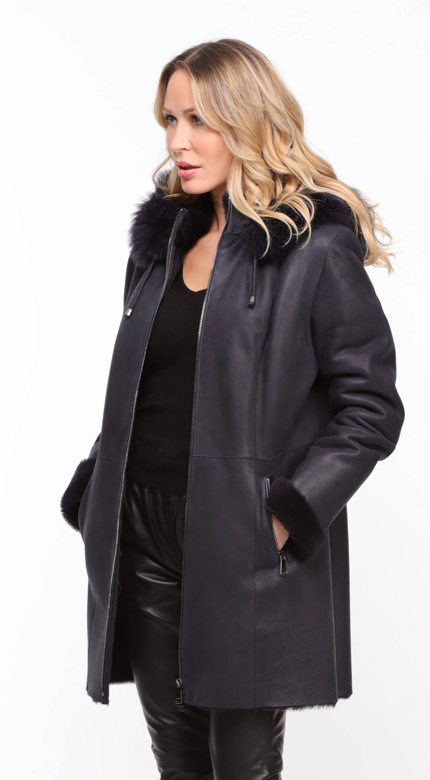 Women's navy sheepskin coat with hood - Aurelia style