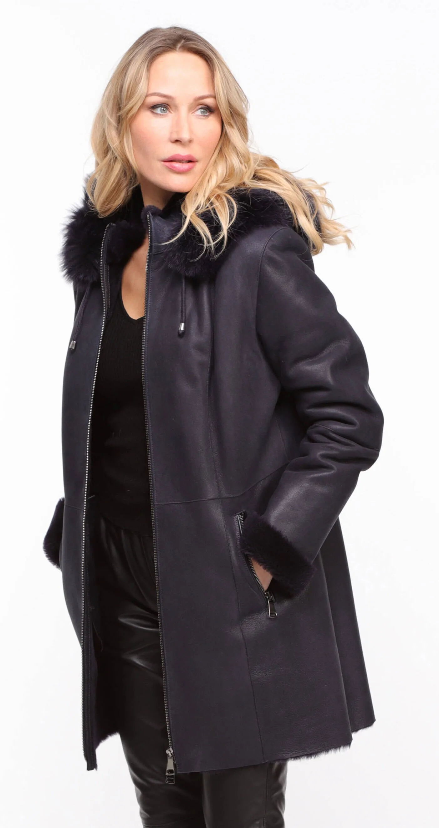 Women's navy sheepskin coat with hood - Aurelia style