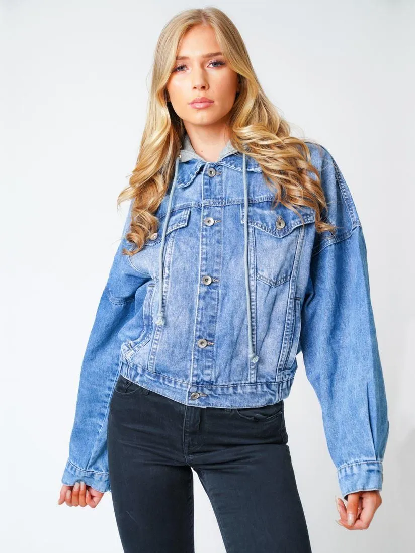 Womens Oversized Jersey Hooded Denim Jacket Sizes 6 to 14