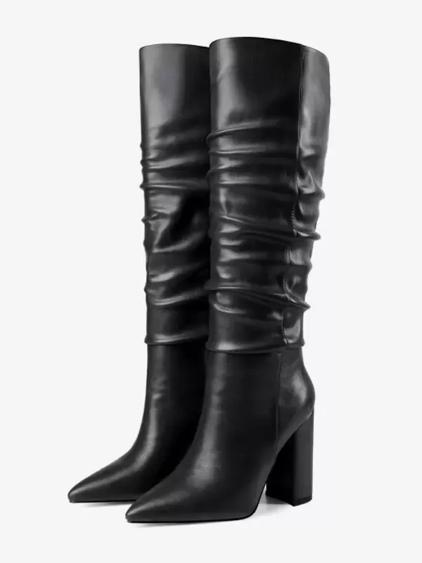 Women's Pointed Toe Chunky Heel Knee High Boots with Ruched Detail in Black