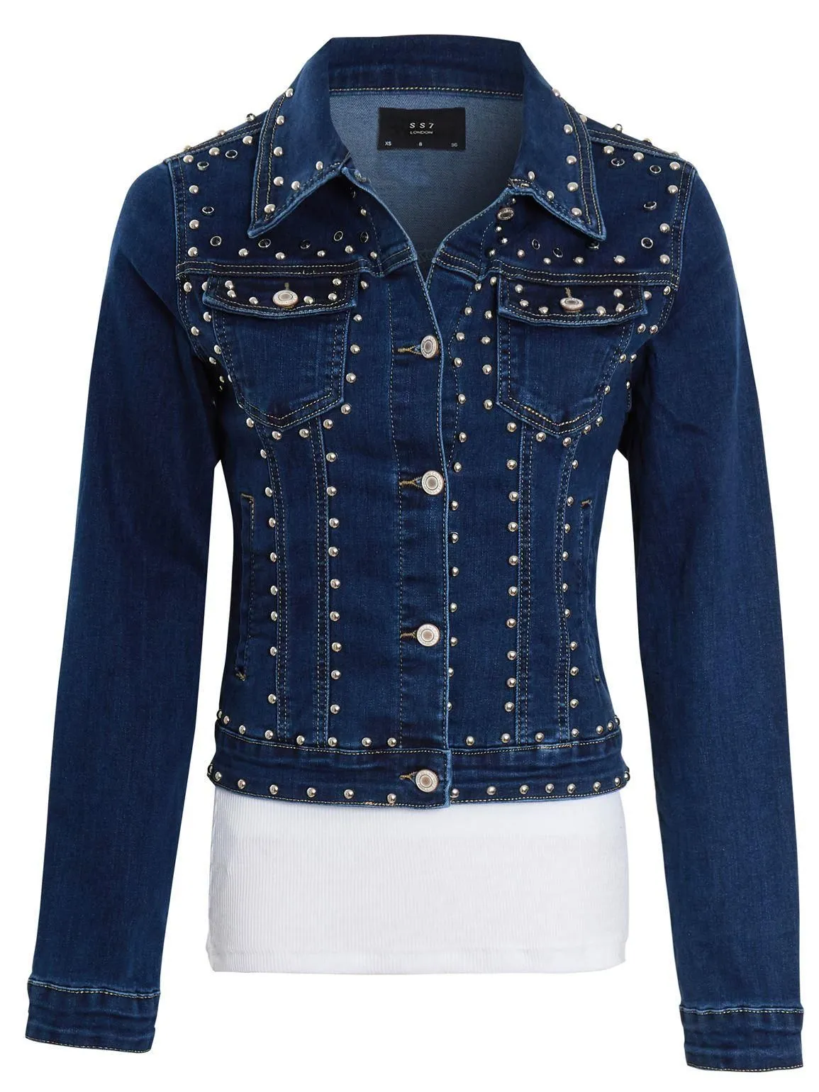 Womens Stud Embellished Stretch Denim Jacket in Indigo UK Sizes 6 to 14