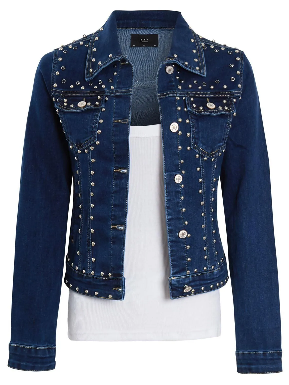 Womens Stud Embellished Stretch Denim Jacket in Indigo UK Sizes 6 to 14