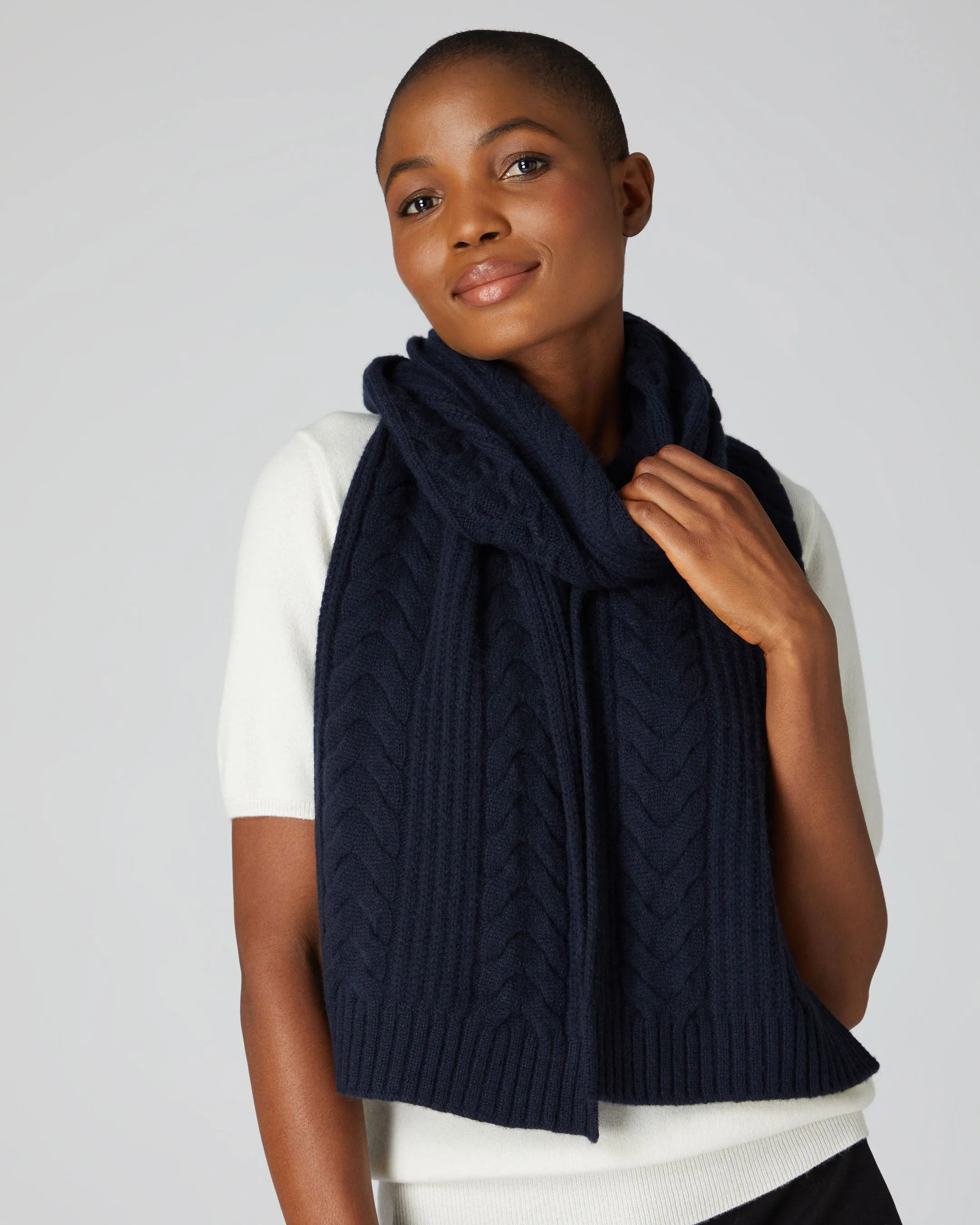 Navy Blue Wide Cable Knit Cashmere Scarf for Women