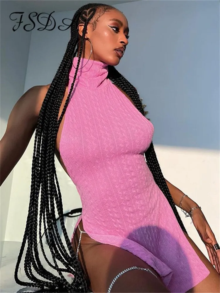 Y2K Pink Knitted Backless Mini Split Party Dress Sleeveless Clubwear