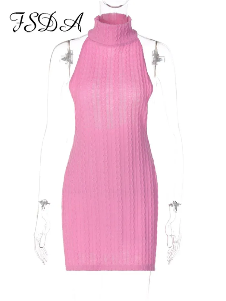 Y2K Pink Knitted Backless Mini Split Party Dress Sleeveless Clubwear